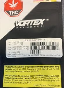 Hash label showing thc and total thc levels.